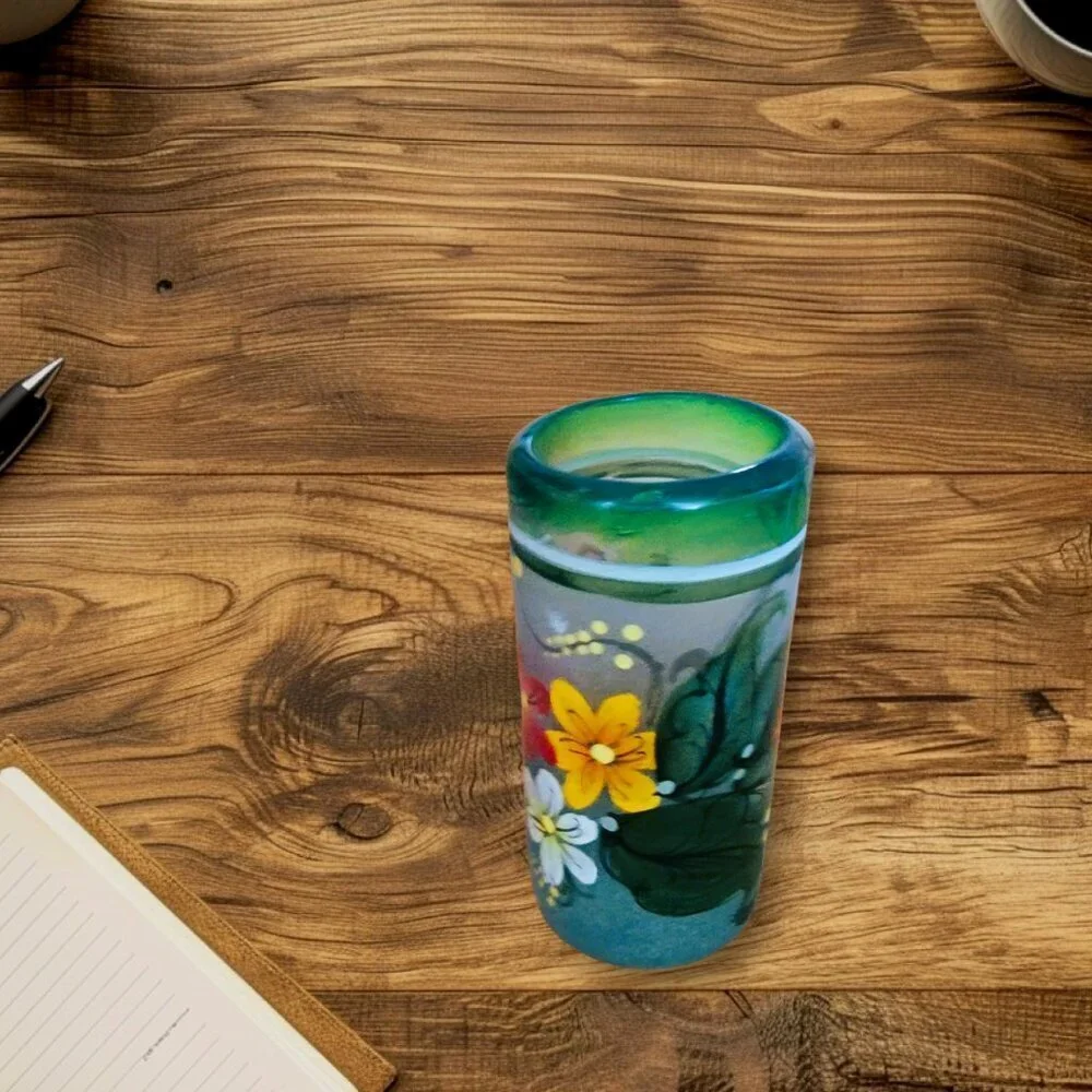 Mexican Made Hand Painted Frosted Glass Floral‎ Design Set of 2 Shot Glasses…